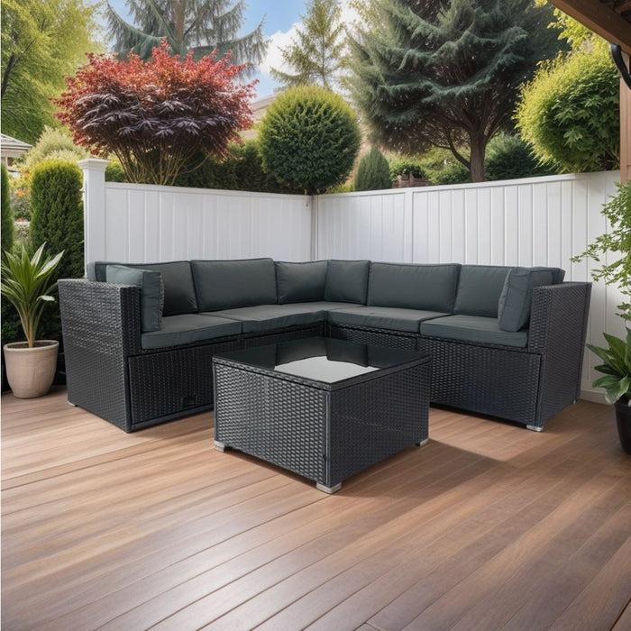 6 Pieces Pe Rattan Sectional Outdoor Furniture Cushioned Sofa Set With 3 Storage Under Seat Black Wicker / Dark Grey Cushion