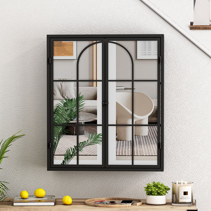 23.62" Vintage Two Door Wall Cabinet With Mirror, Three-Level Entrance Storage Space For Living Room, Bathroom, Dining Room, Black