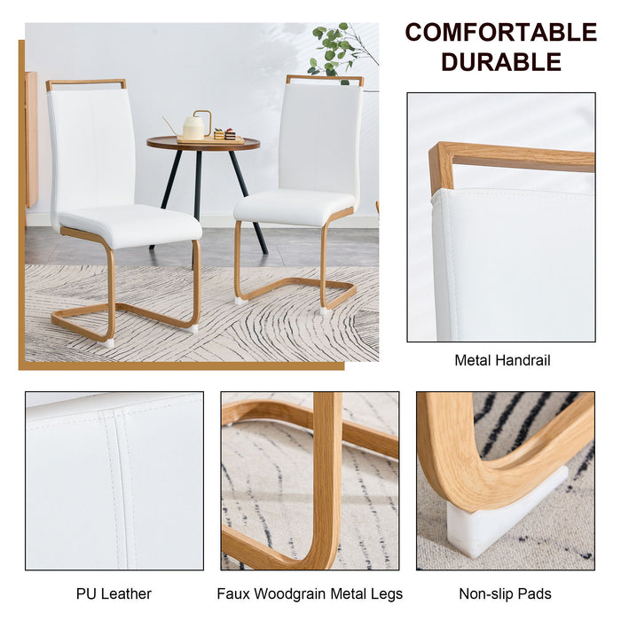 1 Table And 4 Chairs Glass Dining Table With Tempered Glass Tabletop And Wooden Metal Legs White PU Leather High Backrest Soft Padded Side Chair With Wooden Color C Shaped Tube Chrome Metal Leg