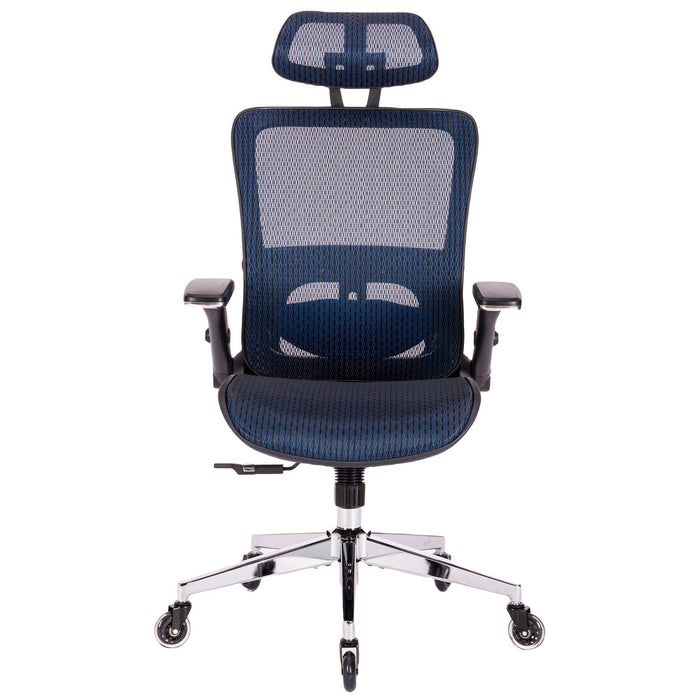 Ergonomic Mes Height Office Chair, High Back - Adjustable Headrest With Flip-Up Arms, Tilt And Lock Function, Lumbar Support And Blade Wheels, Kd Chrome Metal Legs - Blue
