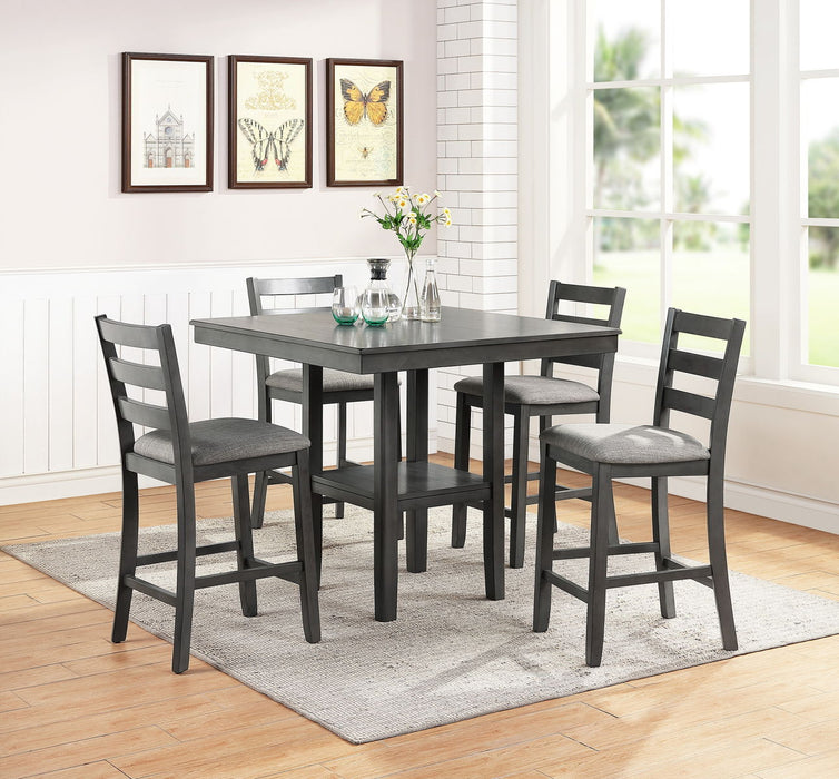 Classic Dining Room Furniture Gray Finish Counter Height 5 Piece Set Square Dining Table Shelves Cushion Seat Ladder Back High Chairs Solid Wood