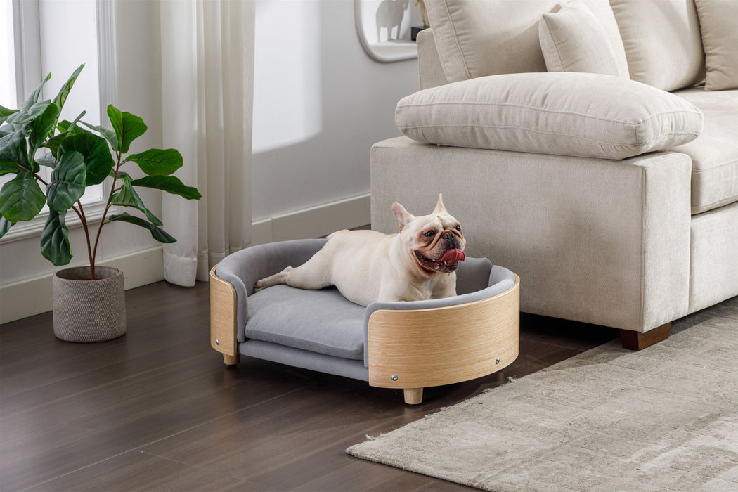 Scandinavian Style Elevated Dog Bed Pet Sofa With Solid Wood Legs And Bent Wood Back, Velvet Cushion, Mid Size Light Grey
