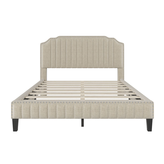 3 Pieces Bedroom Set Modern Linen Curved Upholstered Beige Platform Queen Bed With Two Black Cherry Nightstands
