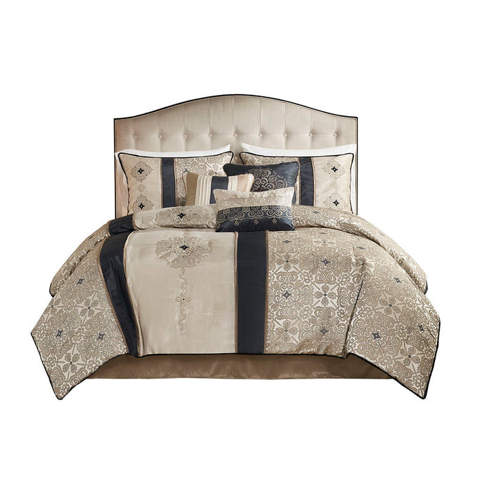 7 Piece Jacquard Comforter Set, With Throw Pillows - Black