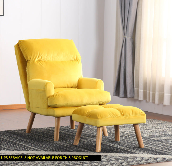 Soft Comfortable 1 Piece Accent Click Clack Chair With Ottoman Yellow Fabric Upholstered Oak Finish Legs Living Room Furniture
