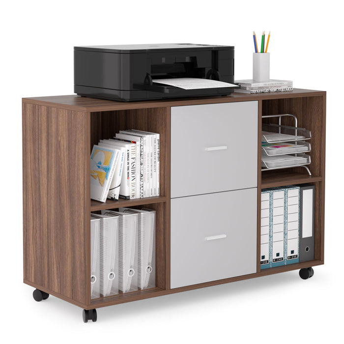 Mobile Lateral Filing Cabinet With 2 Drawers And 4 Open Storage Cabinets, For Home Office, Walnut - Light Gray