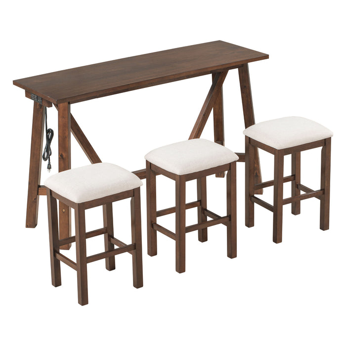 Trexm MultiPurpose Home Kitchen Dining Bar Table Set With 3 Upholstered Stools (Dark Walnut)