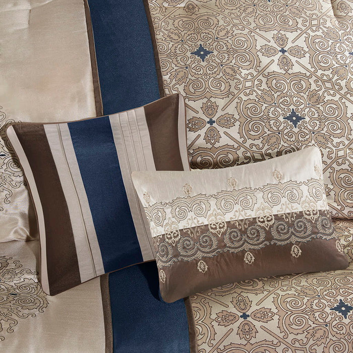 7 Piece Jacquard Comforter Set With Throw Pillows, Navy