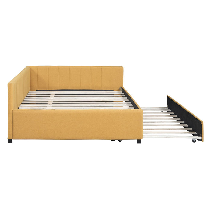 Full Size Upholstered Daybed With Trundle Sofa Bed Frame No Box Spring Needed, Linen Fabric (Yellow)