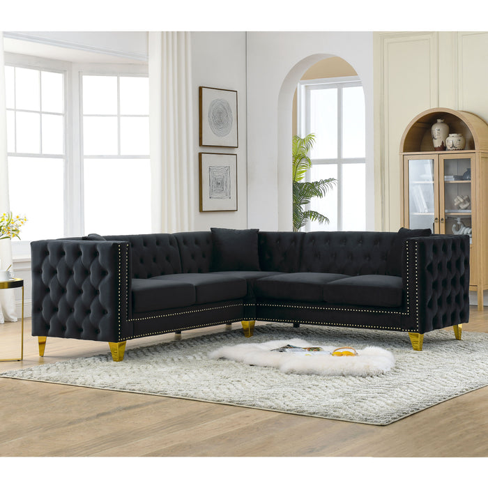 Velvet Corner Sofa Covers, L - Shaped Sectional Couch, 5 Seater Corner Sofas With 3 Cushions For Living Room, Bedroom, Apartment, Office - Black