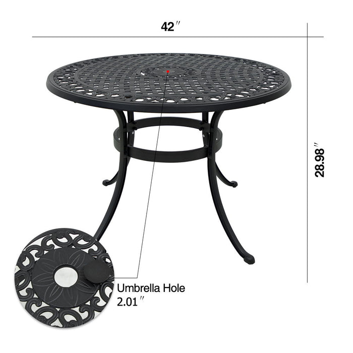 42" Cast Aluminum Patio Table With Umbrella Hole, Round Patio Bistro Table For Garden, Patio, Yard, Black With Antique Bronze At The Edge