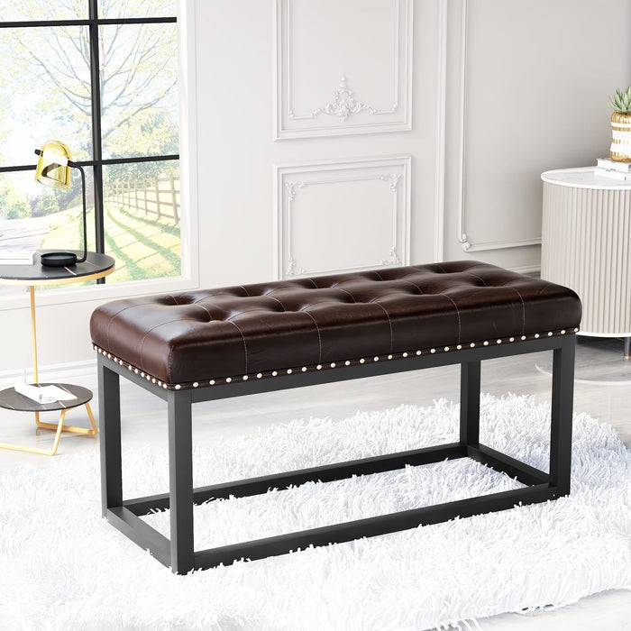 Vintage Ottoman Upholstered Bench, Footrest With Pvc Soft Leather Seat