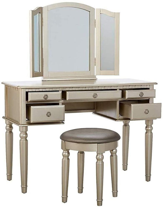 Bedroom Contemporary Vanity Set Foldable Mirror Stool Drawers Silver Color