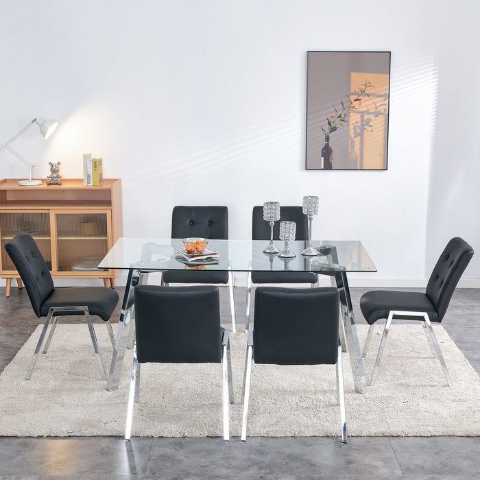Table And Chair Set, 1 Table With 6 Black Chairs, Rectangular Glass Dining Table With Tempered Glass Tabletop And Silver Metal Legs, Paired With Armless PU Dining Chairs And Electroplated Metal Legs