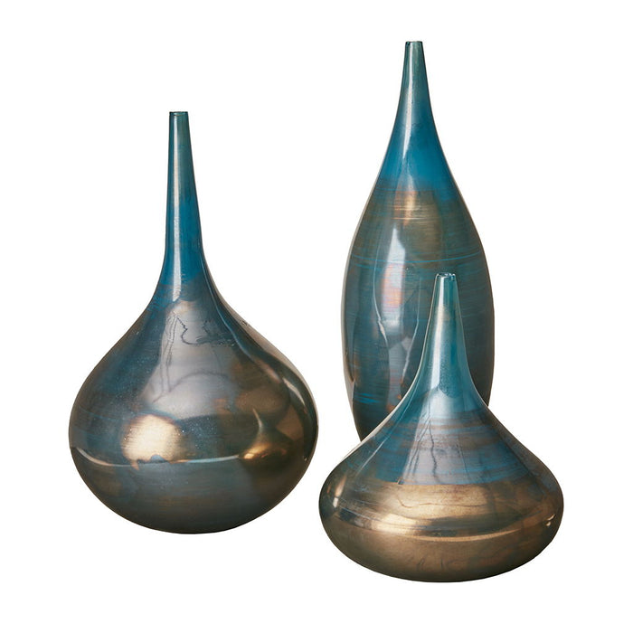Blue And Bronze Decorative Glass Vases 3 Piece Set