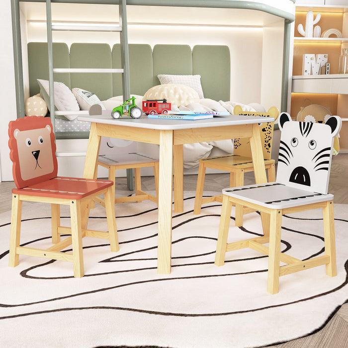 5 Piece Kiddy Table And Chair Set, Kids Wood Table With 4 Chairs Set Cartoon Animals (Bigger Table), 3 - 8 Years Old