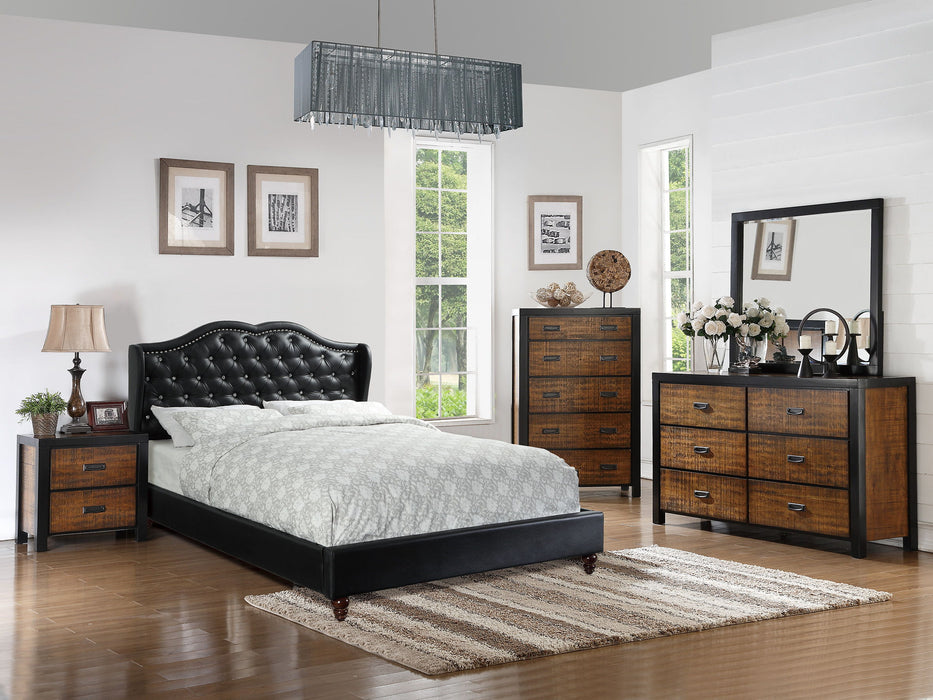 Queen Size Bed 1 Piece Bed Set Black Faux Leather Upholstered Wingback Design Bed Frame Headboard Bedroom Furniture Tufted Upholstered