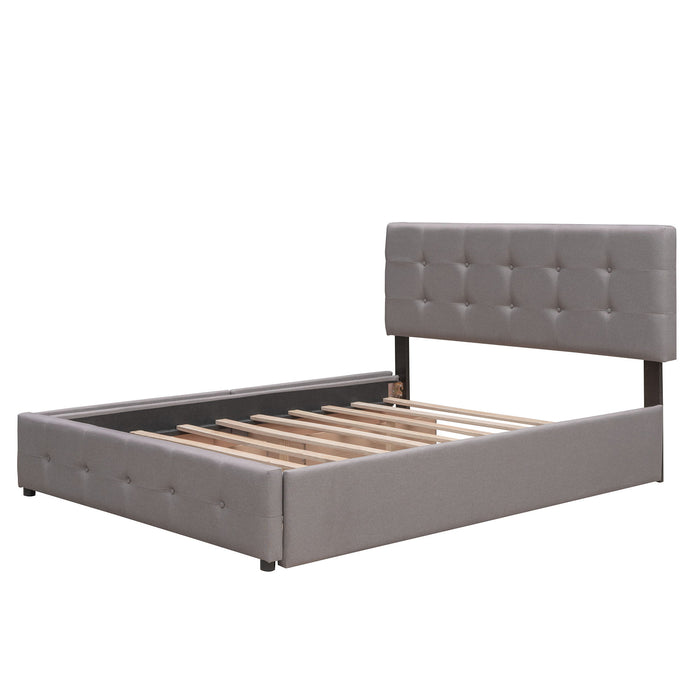 Upholstered Platform Bed With 2 Drawers And 1 Twin Long Trundle, Linen Fabric, Queen Size - Light Gray