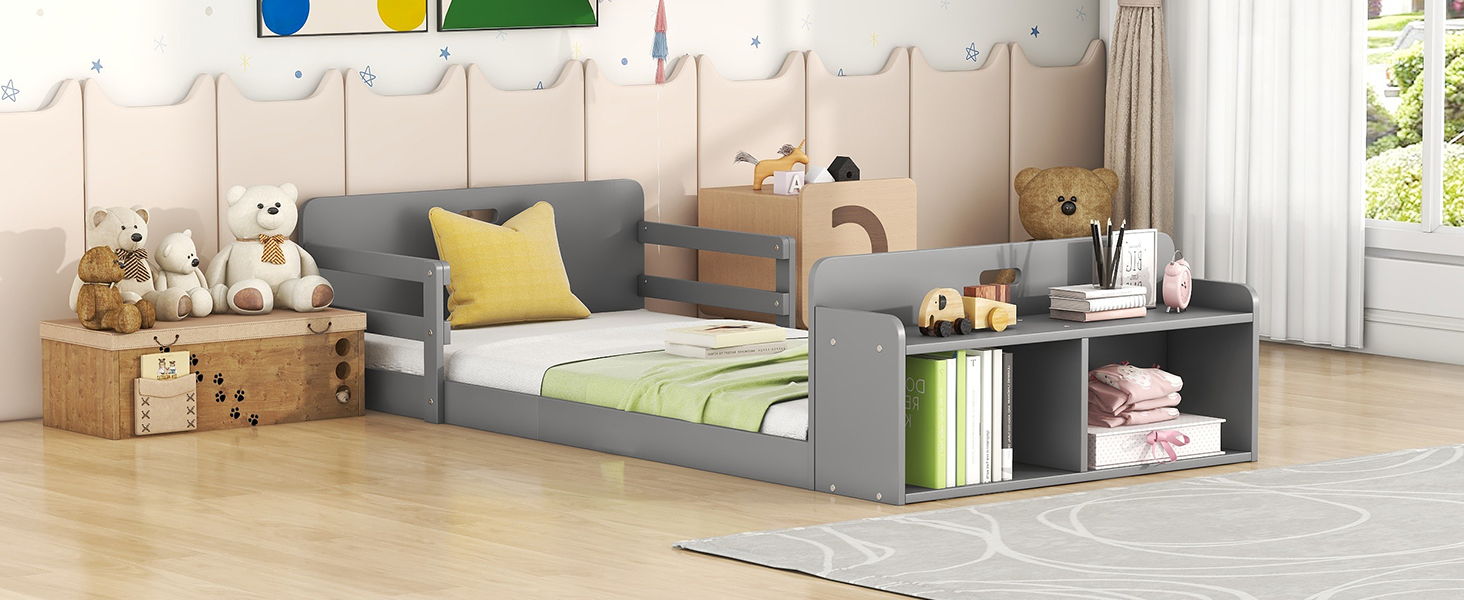 Twin Size Floor Bed With Storage Footboard And Guardrail, Gray
