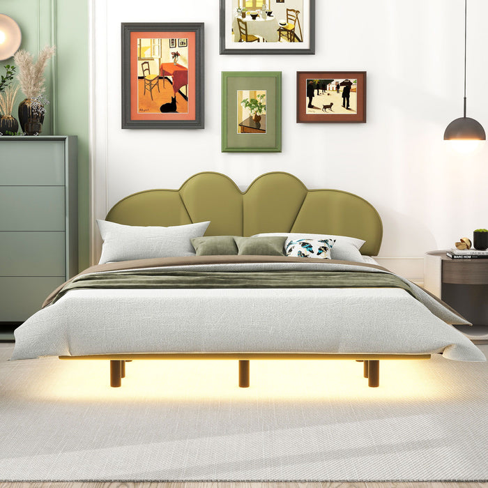Full Size Upholstery Platform Bed With PU Leather Headboard And Support Legs, Underbed LED Light, Green