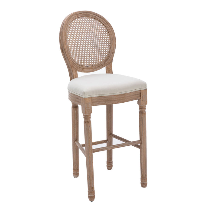 Hengming French Country Wooden Barstools Rattan Back With Upholstered Seating - Beige And Natural, (Set of 2)