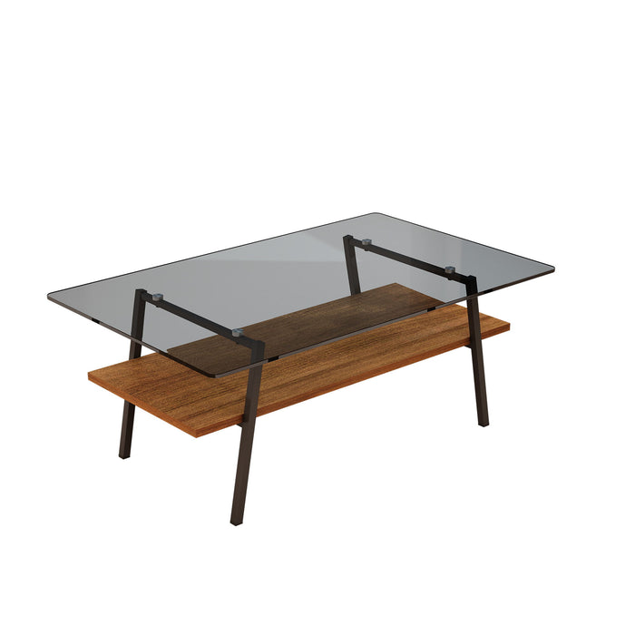 Rectangle Coffee Table, Tempered Glass Tabletop With Black Metal Legs, Modern Table For Living Room, Gray Glass