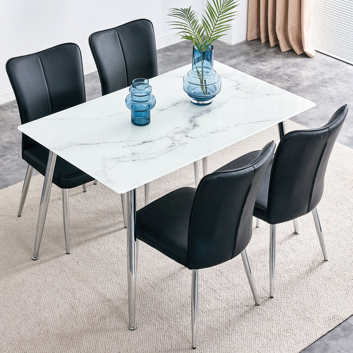 Table And Chair Set 1 Table With 4 Black PU Chairs Modern Minimalist Rectangular White Imitation Marble Dining Table, 03" Thick, With Silver Metal Legs Paired With 4 PU Chairs