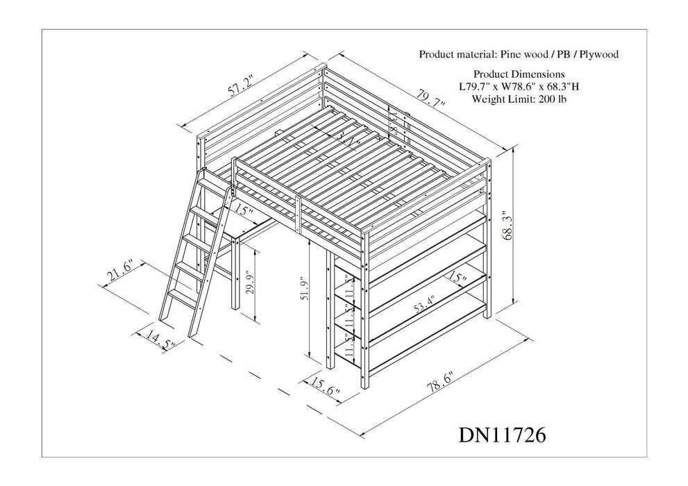 Full Loft Bed With Desk, Ladder, Shelves - White