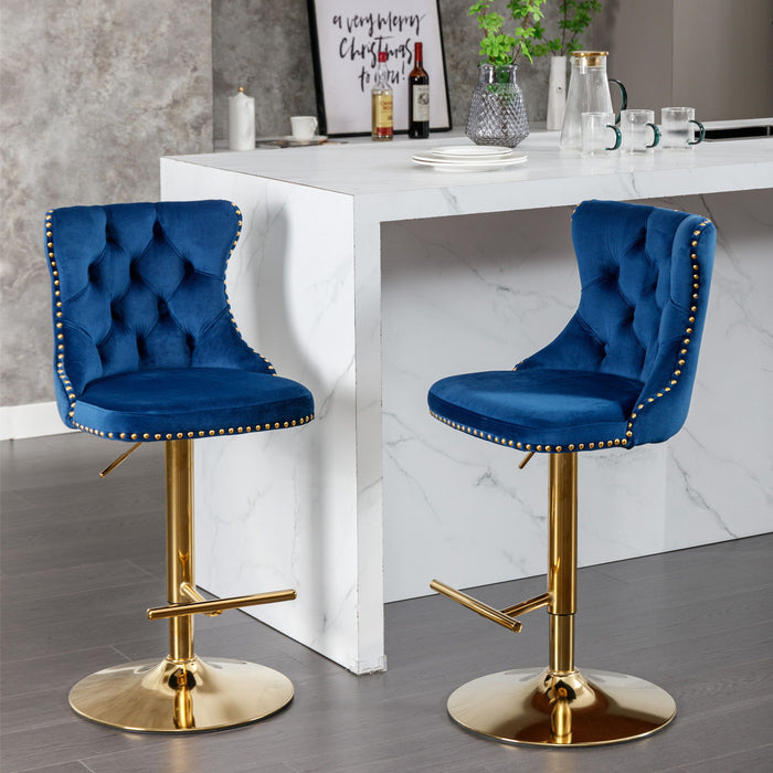 A&A Furniture, Golden Swivel Barstools Adjusatble Seat Height From, Modern Upholstered Bar Stools With Backs Comfortable Tufted For Home Pub And Kitchen Island (Set of 2) - Blue