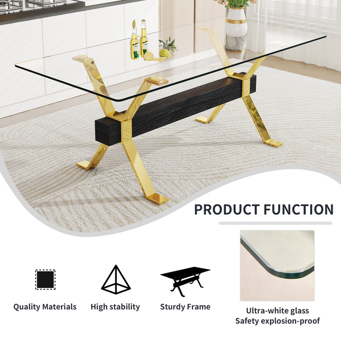 1 Table And 8 Chairs Modern Simple Luxury Tempered Glass Rectangular Dining Table And Desk With 8 Black PU Gold Plated Leg Chairs