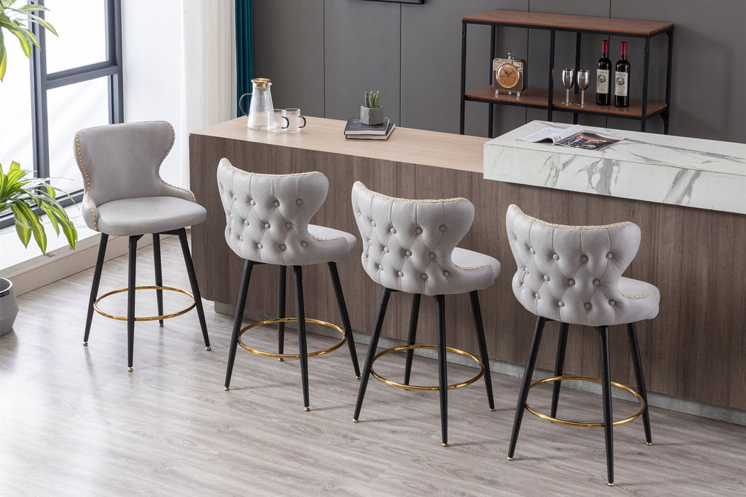 Counter Height 25" Modern Leathaire Fabric Bar Chairs, 180 Degrees Swivel Bar Stool Chair For Kitchen, Tufted Gold Nailhead Trim Bar Stools With Metal Legs, (Set of 2) (Light Gray)