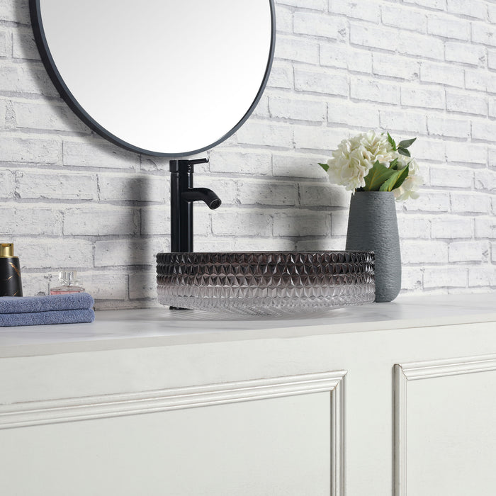 Diamond Shape Bathroom Crystal Glass Vessel Sink, Bathroom Countertop Basin (Transparent Gradient Black / Grey)