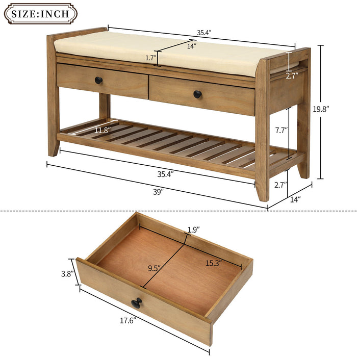 Trexm Shoe Rack With Cushioned Seat And Drawers, Multipurpose Entryway Storage Bench - Old Pine