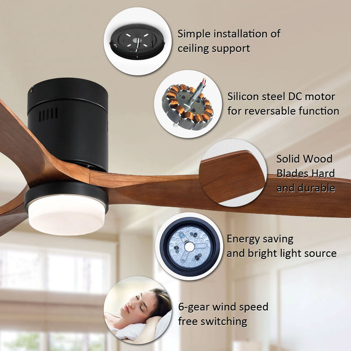 Indoor Wooden Ceiling Fan With 18W LED Light 3 Solid Wood Blades Remote Control Reversible Dc Motor For Home - Black / Dark Walnut
