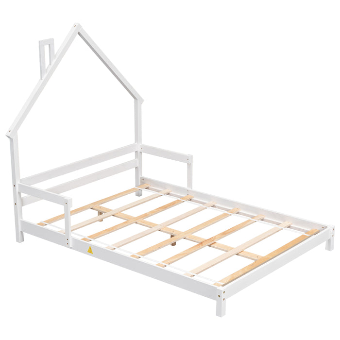 Full House - Shaped Headboard Bed With Handrails, Slats, White