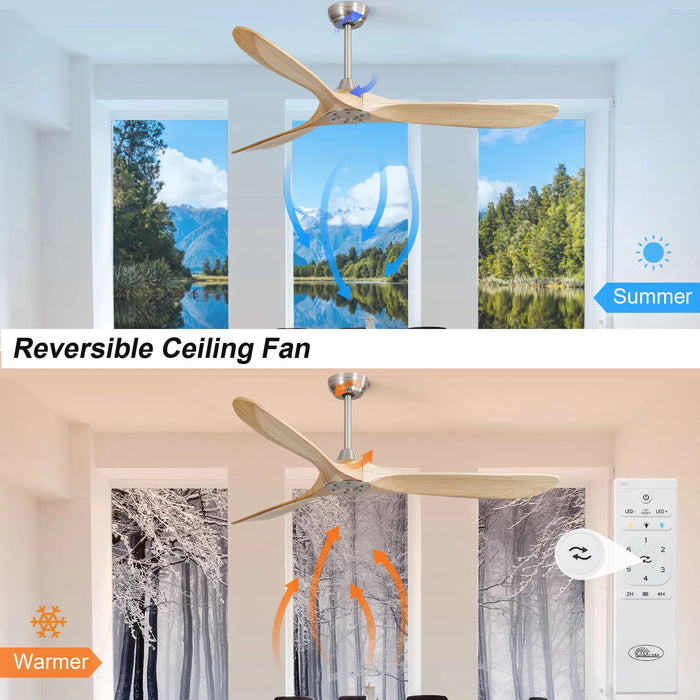 Decorative Solid Wood Ceiling Fan With 6 Speed Remote Control Reversible Dc Motor For Home - Natural Wood