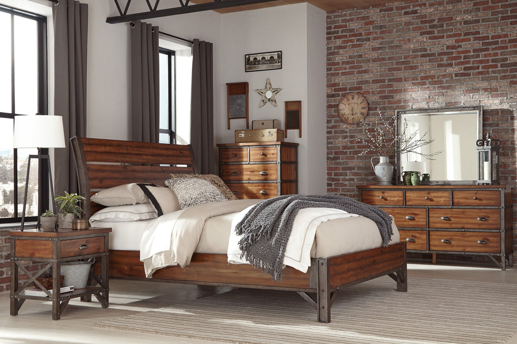 Rustic Brown And Gunmetal Finish 1 Piece California King Size Platform Bed Industrial Design Horizontal Slats Bedroom Furniture