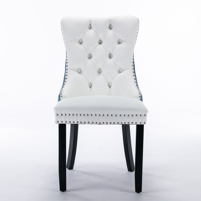 A&A Furniture, Nikki Collection Modern, High-End Tufted Solid Wood Contemporary PU And Velvet Upholstered Dining Chair With Wood Legs Nailhead Trim (Set of 2) - White + Light Blue, Sw2101Wl