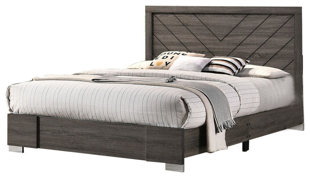 Contemporary Grey Finish Unique King Size Bed 1 Piece Bedroom Furniture Unique Lines Headboard Wooden