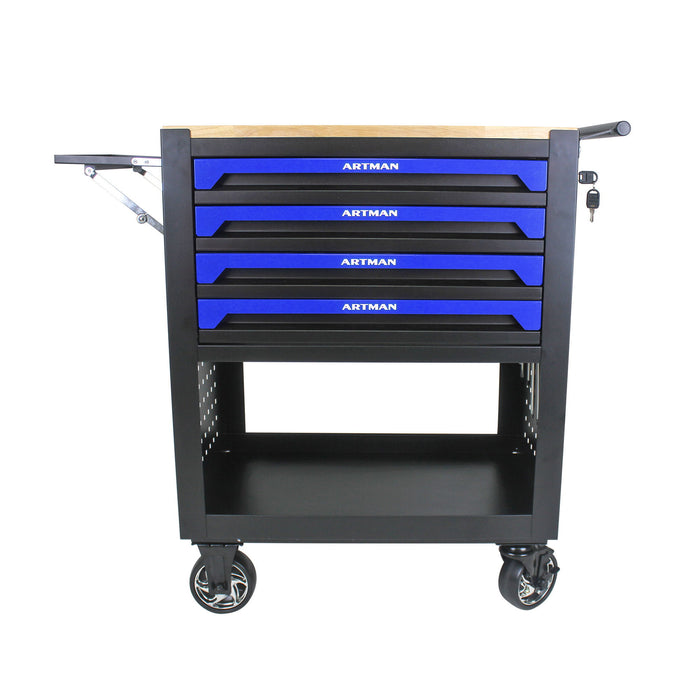 4 Drawers Multifunctional Tool Cart With Wheels And Wooden Top - Blue