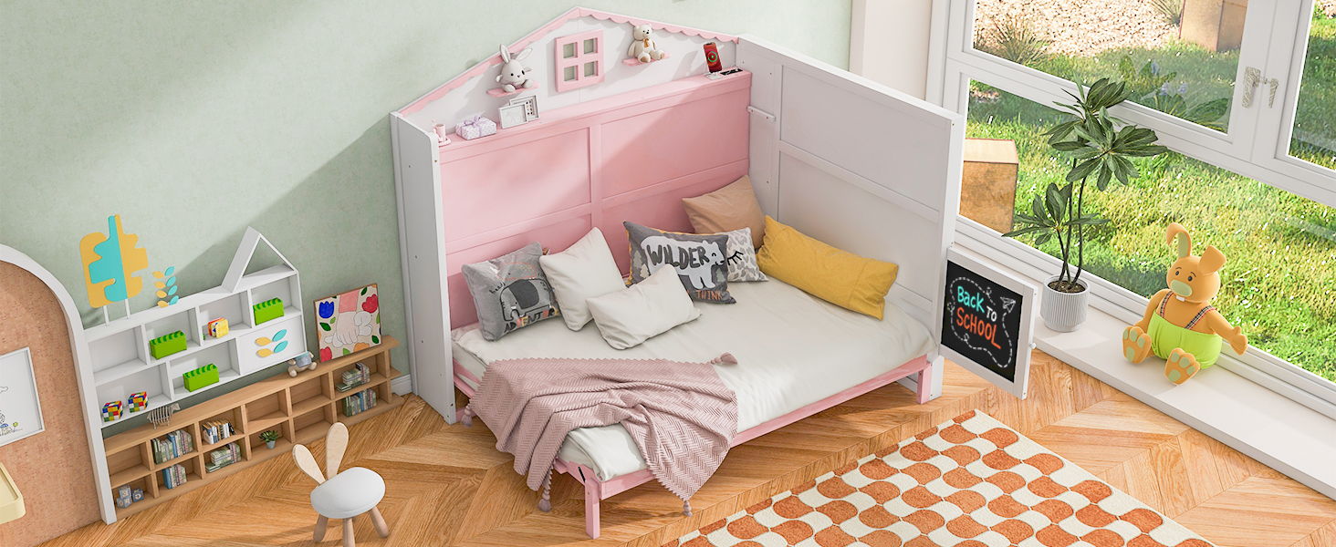 Wood Full Size House Murphy Bed With USB, Storage Shelves And Blackboard, Pink / White