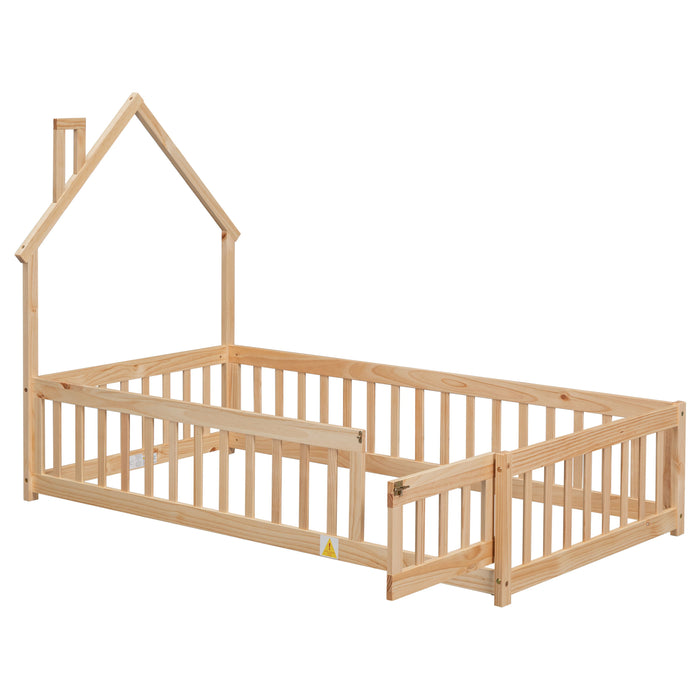 Twin House Shaped Headboard Floor Bed With Fence, Natural