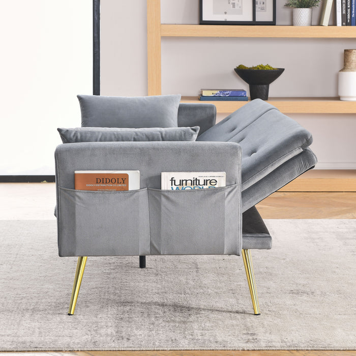 Convertible Sofa Bed, Adjustable Velvet Sofa Bed - Velvet Folding Lounge Recliner - Reversible Daybed - Ideal For Bedroom With Two Pillows And Center Leg - Grey