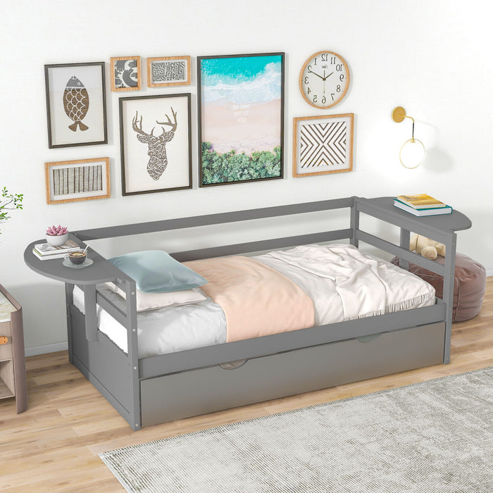 Twin Size Daybed With Trundle And Foldable Shelves On Both Sides, Gray