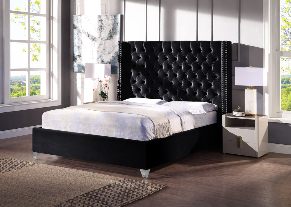 Contemporary Velvet Upholstered Bed With Deep Button Tufting, Solid Wood Frame, High - Density Foam, Silver Metal Leg, Queen Size - Black