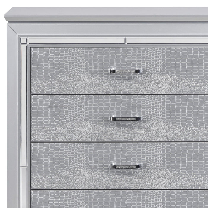 Glamourous Silver Finish 1 Piece Chest Of 5 Dovetail Drawers Faux Alligator Embossed Fronts Bedroom Furniture