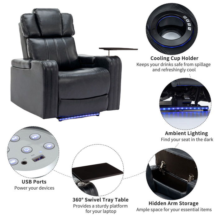 Power Recliner Individual Seat Home Theater Recliner With Cooling Cup Holder, Bluetooth Speaker, LED Lights, USB Ports, Tray Table, Arm Storage For Living Room, Black