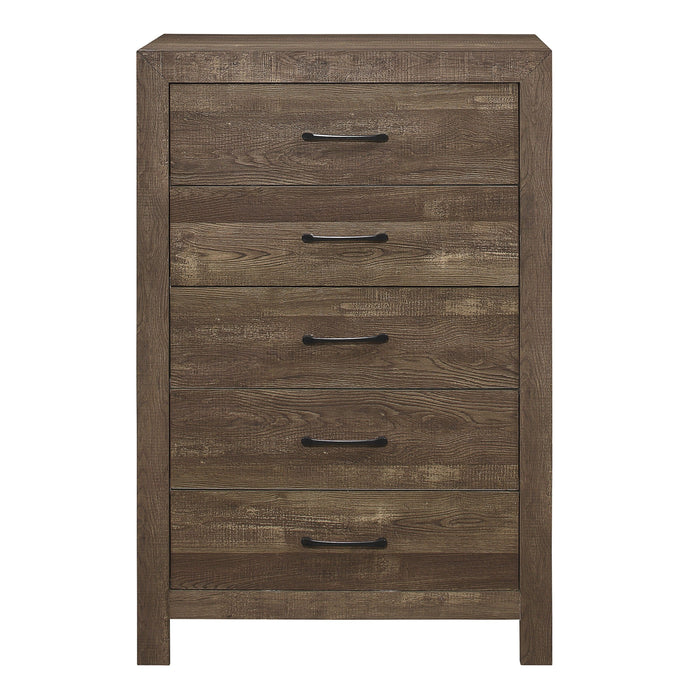 Simple Look Rustic Brown Finish 1 Piece Chest Of 5 Drawers Black Metal Hardware Bedroom Furniture