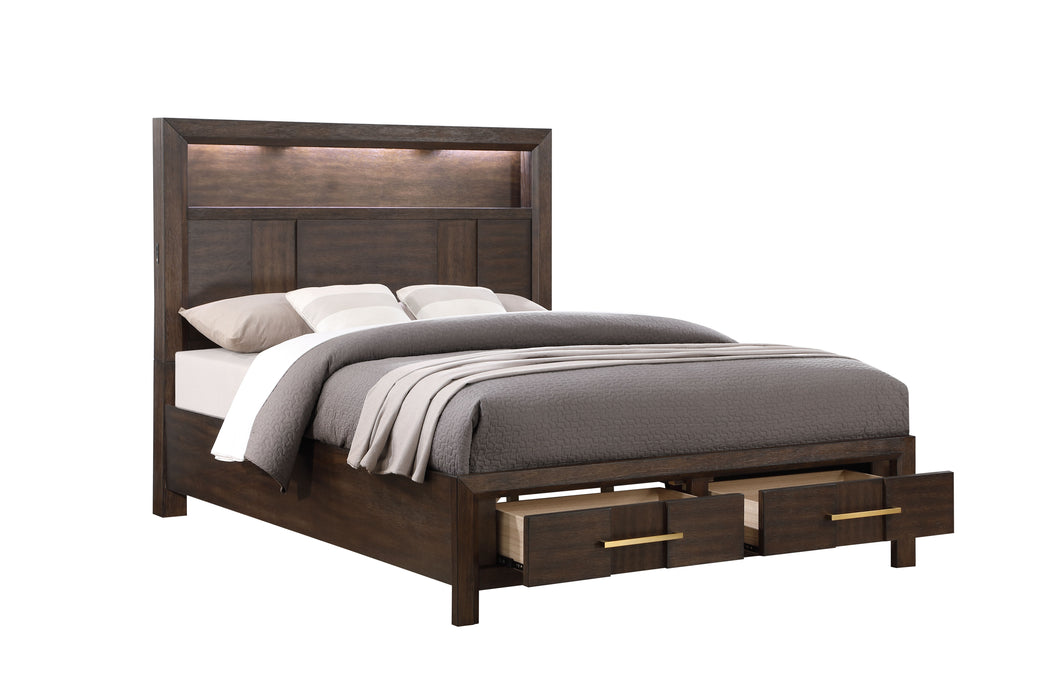 Kenzo Modern Style Full 4 Piece Storage Bedroom Set Made With Wood, LED Headboard, Bluetooth Speakers & USB Ports - Walnut
