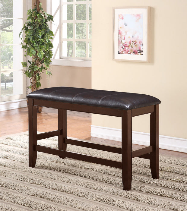 Farmhouse Style 1 Piece Brown Espresso Counter Height Bench Footrest Faux Leather Upholstered Seat Wooden Furniture